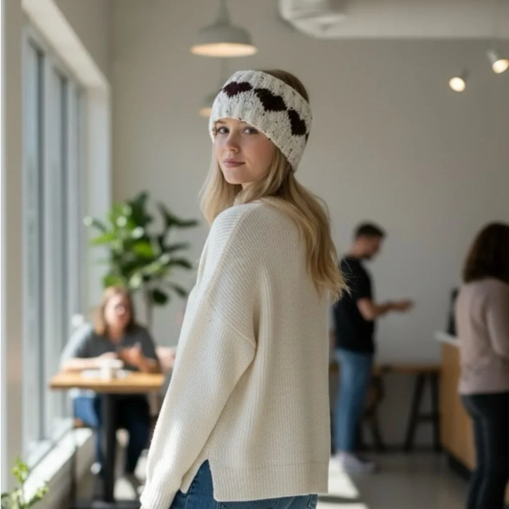 Headband Earwarmer Hand Crafted Knit White Heart Valentines - Picture 3 of 13